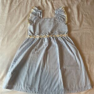 Girls Blue and White Striped Kids Dress with Yellow Accents